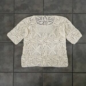 Handmade Crochet Granny Square Style Short Sleevele Womens Ivory Top Small